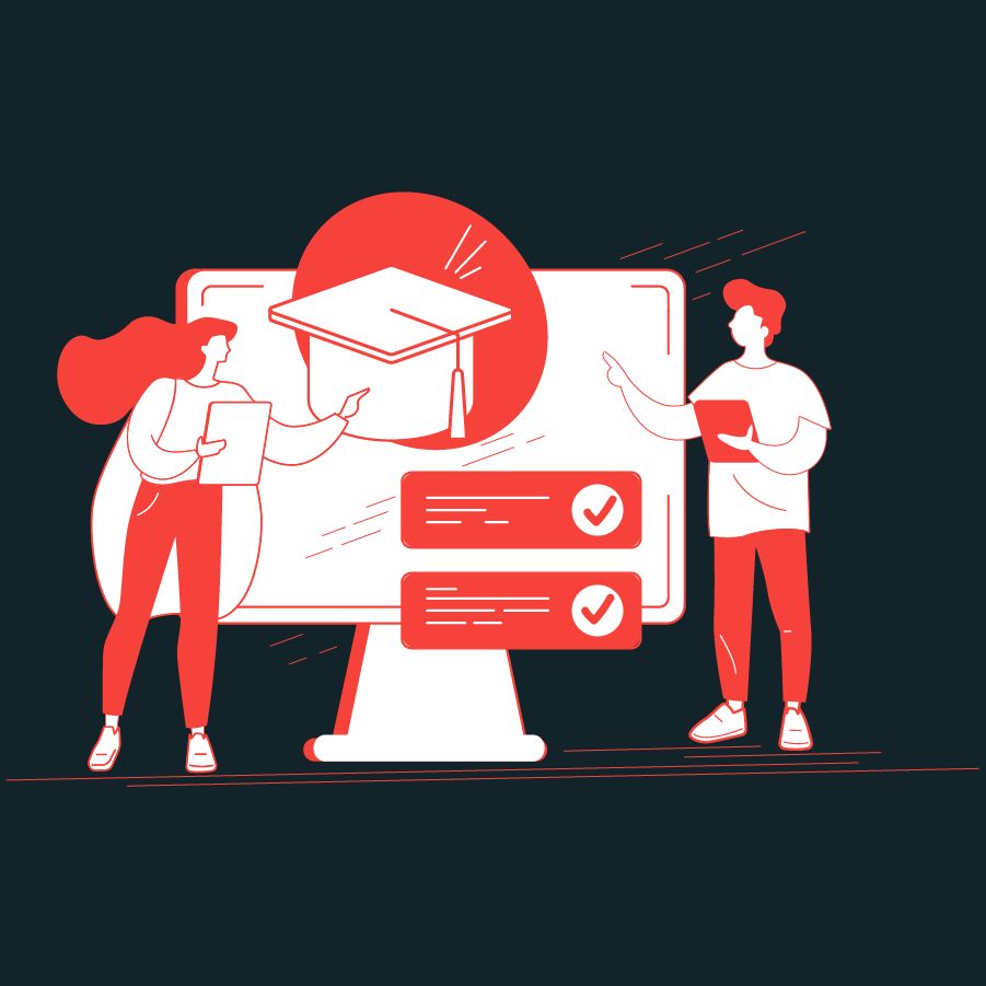 an illustration of two people, red, white and dark blue colored