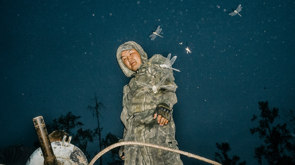 A man standing in the dark surrounded by dragon-flies