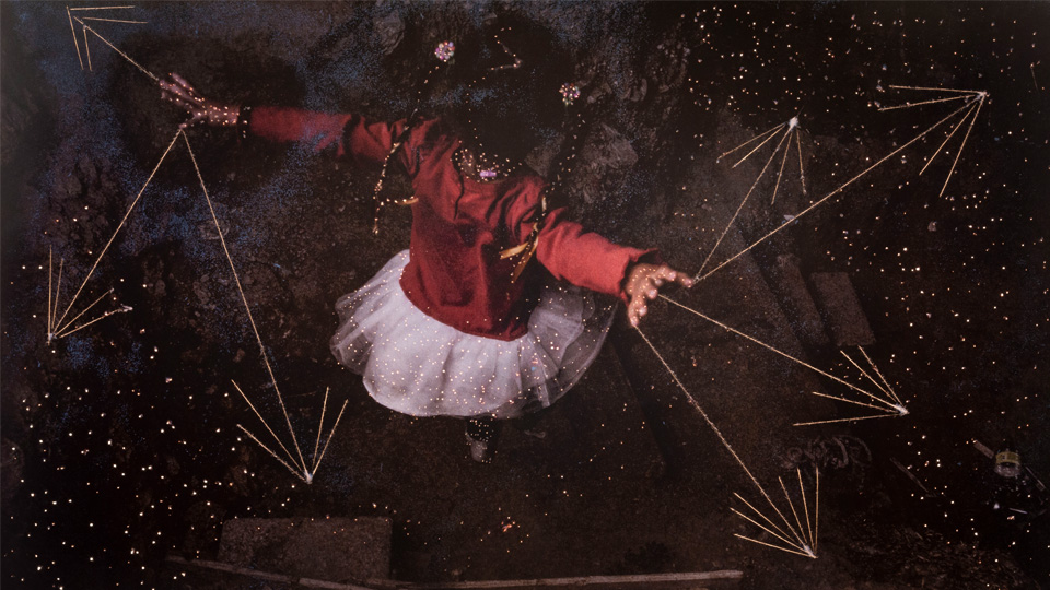 A girl dancing in the dark with illustrated arrows