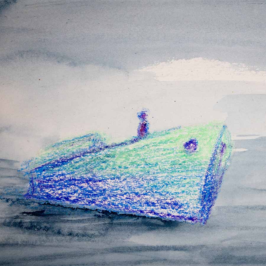 a drawing of a boat on the sea with one person on it