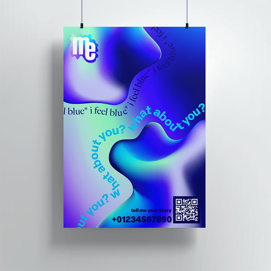 a hanging poster with blue waves and typography