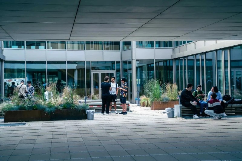 people standing on a terrace and chatting