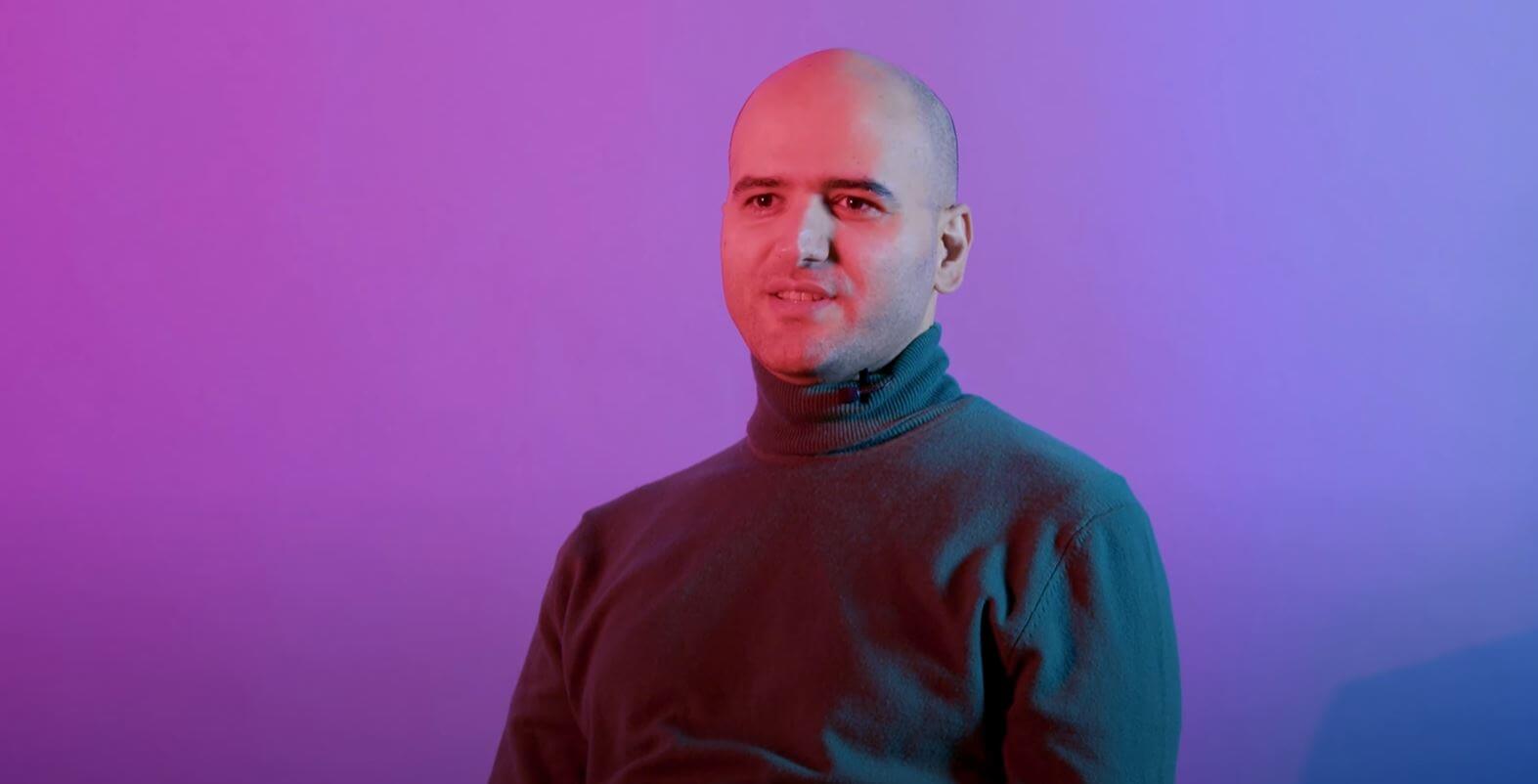 a man in a red shirt