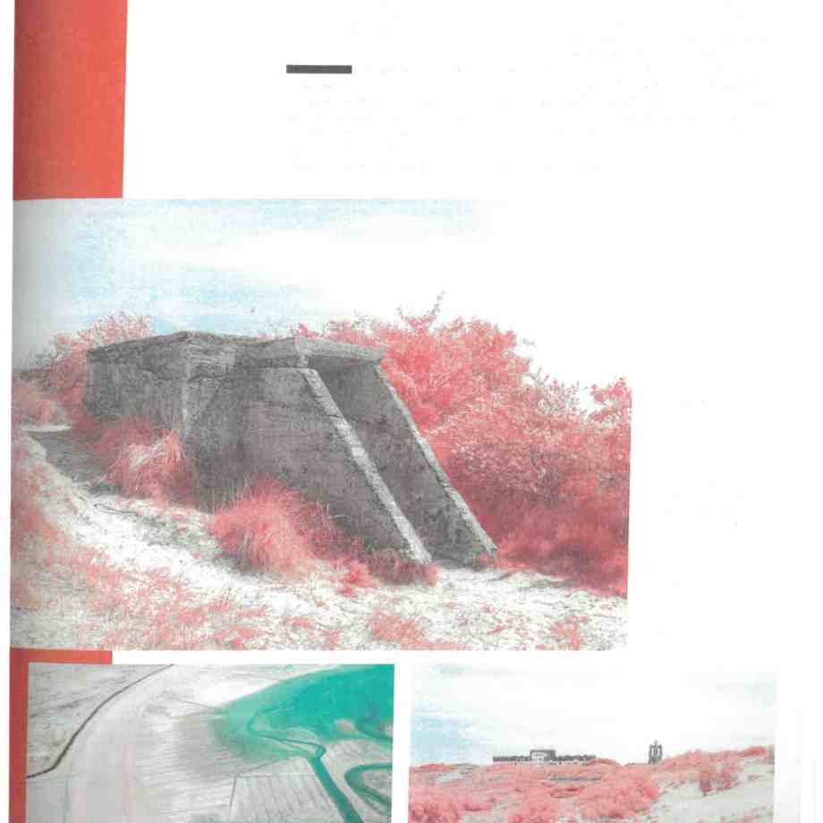 Drei experimentelle Infrarot-Fotografien vom Wattenmeer, u. a. mit Bunker, Dünenlandschaft und Küstenlinie in surrealen Pink- und Grüntönen.