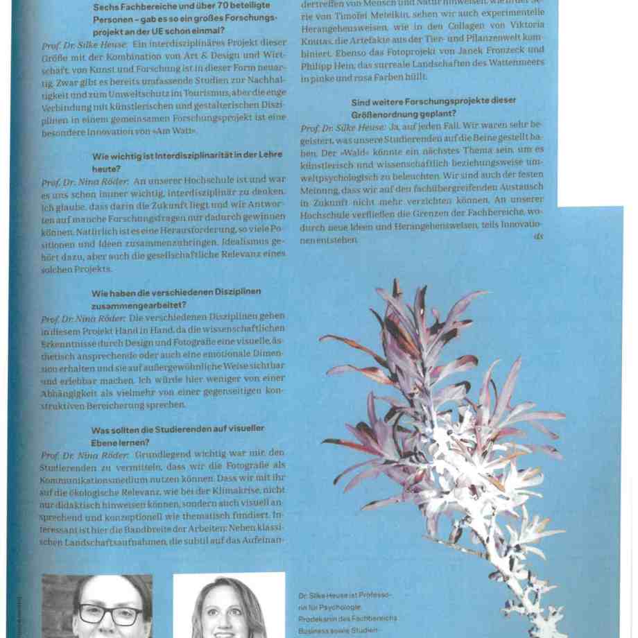 Interview mit Prof. Dr. Nina Röder und Prof. Dr. Silke Heuse zum UE-Projekt „Am Watt“, begleitet von einem Pflanzenbild und Porträtfotos der beiden Wissenschaftlerinnen.