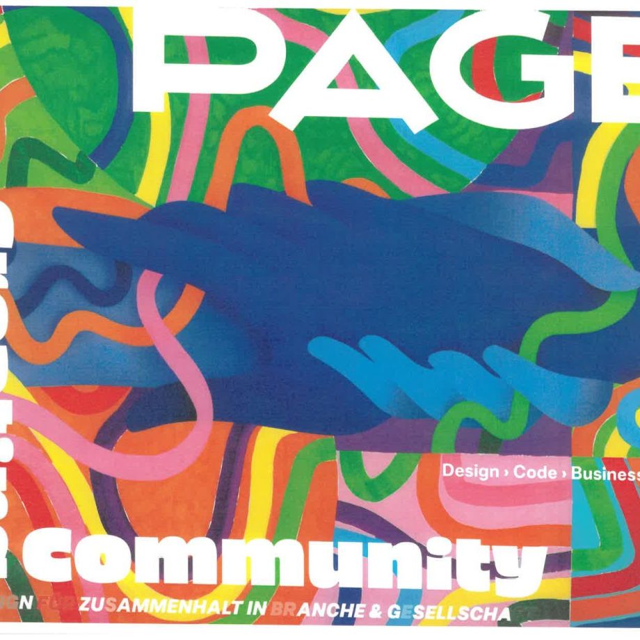 Bunt illustrierte Titelseite des PAGE Magazins 01.2025 mit dem Titel „creating community“ und geschwungenen Farbbändern auf blauem Hintergrund.