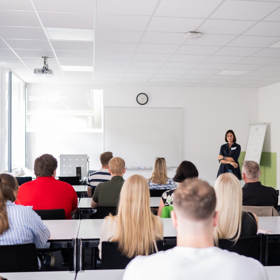a person giving a presentation to a group of people