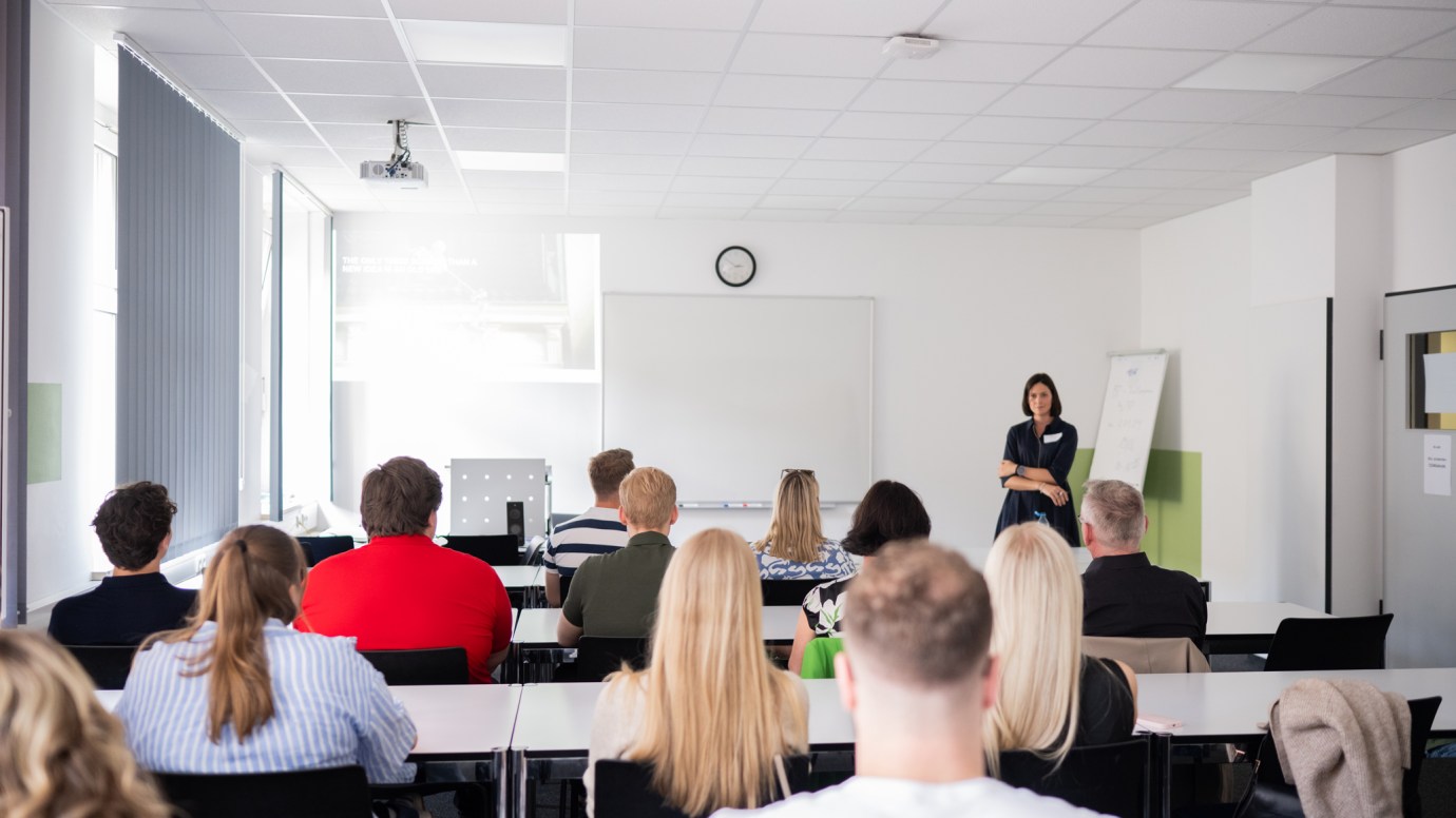a person giving a presentation to a group of people