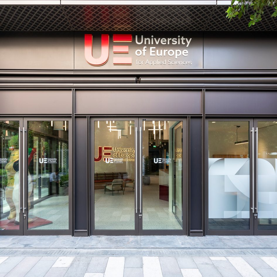 a building with glass doors